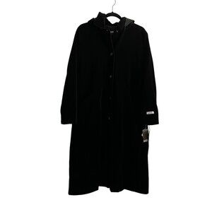 Jane Post Women M Black Velvet Hooded Snap Front Long Rain Slicker Coat NWT